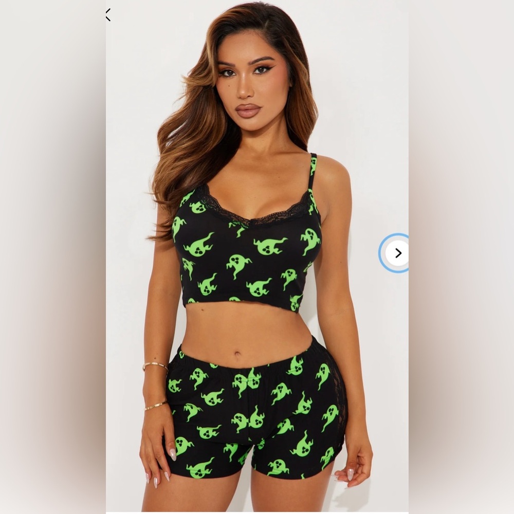 Fashion Nova Black & Neon Green Ghost Print Lace Trim Pajama Crop Tank